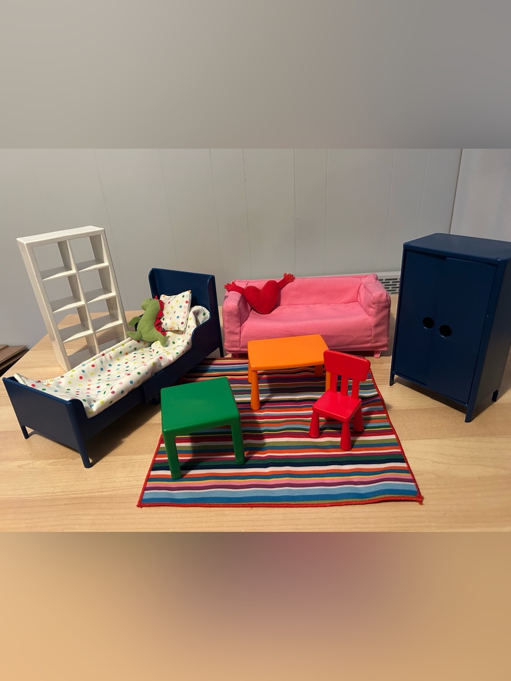 IKEA Kids Furniture Playset - Pink Sofa with Colorful Tables and Red Chair